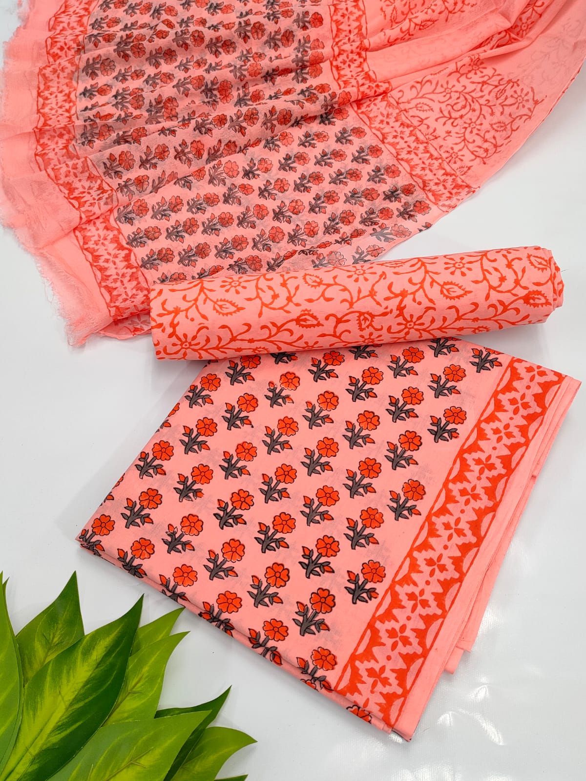 Hand Block Cotton Salwar Suit Set with Chiffon Dupatta - TSPSCFVJA1
