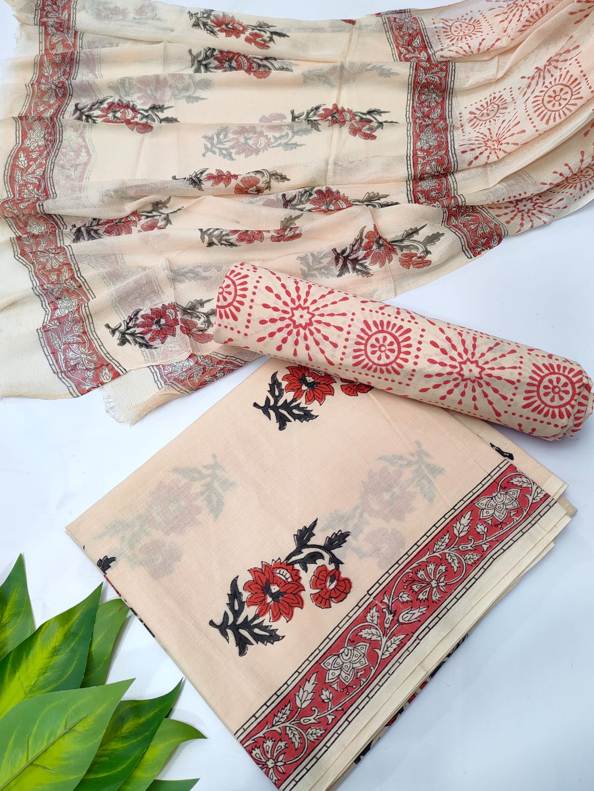 Hand Block Cotton Salwar Suit Set with Chiffon Dupatta - TSPSCFVJA24