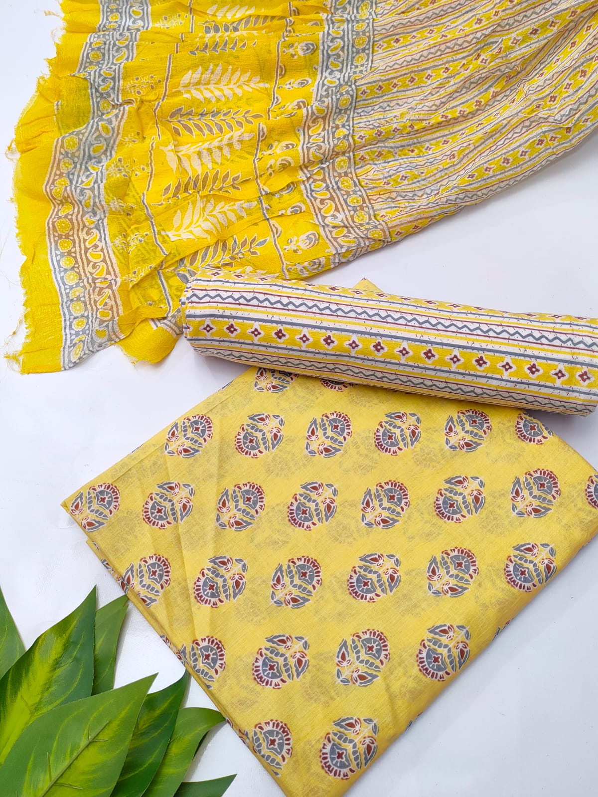 Mustard Flower Block Butti Print Cotton Salwar Suit Set Material