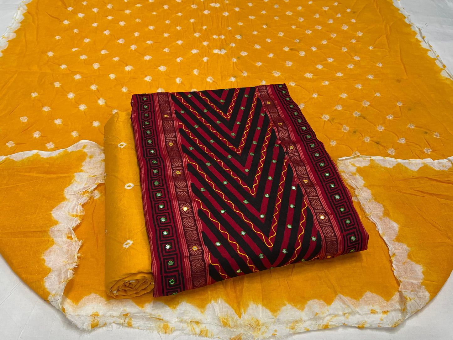 Hand Work Bandhani Cotton Suit Set with Cotton Dupatta