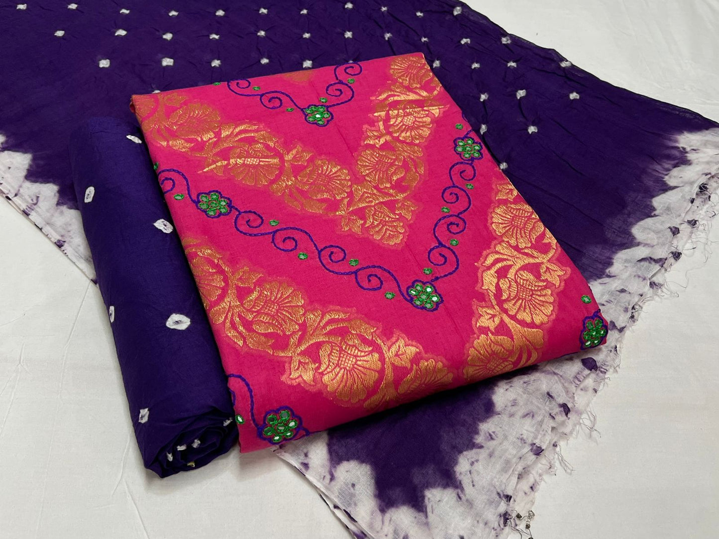 Hand Work Bandhani Cotton Suit Set with Cotton Dupatta