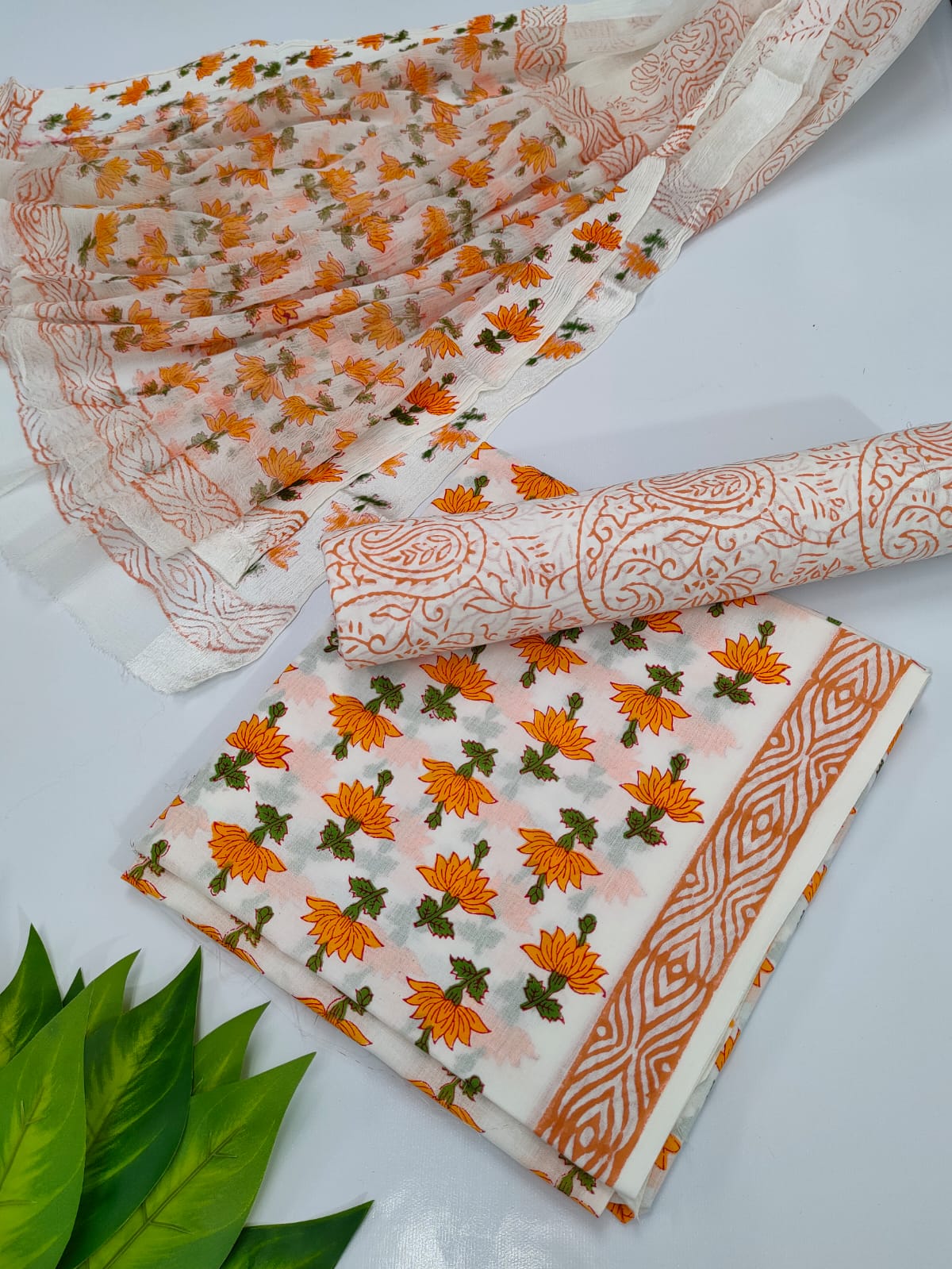 Hand Block Cotton Salwar Suit Set with Chiffon Dupatta - TSPSCFVJ21