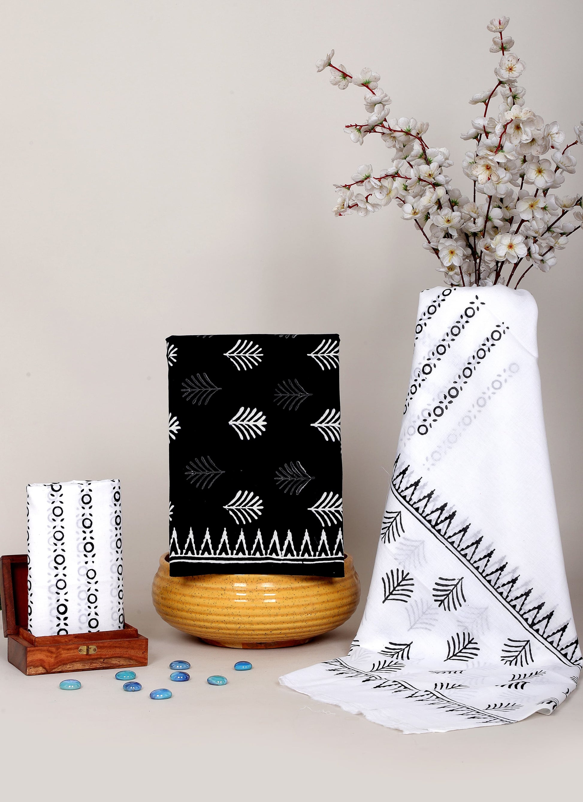 Black & White Hand Block Cotton Salwar Suit Set with Cotton Dupatta
