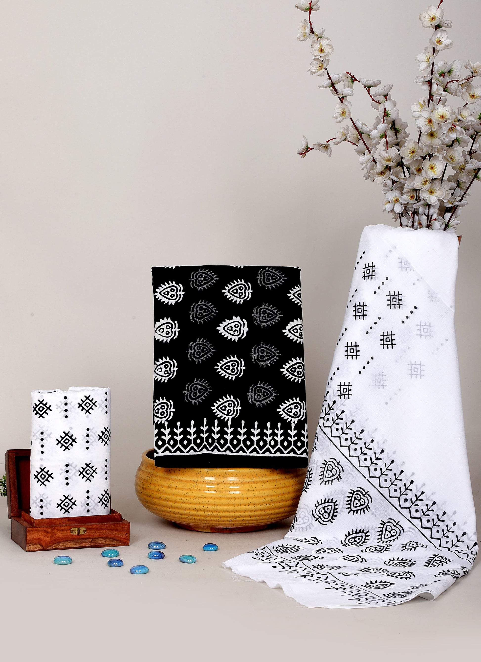 Black & White Hand Block Cotton Salwar Suit Set with Cotton Dupatta