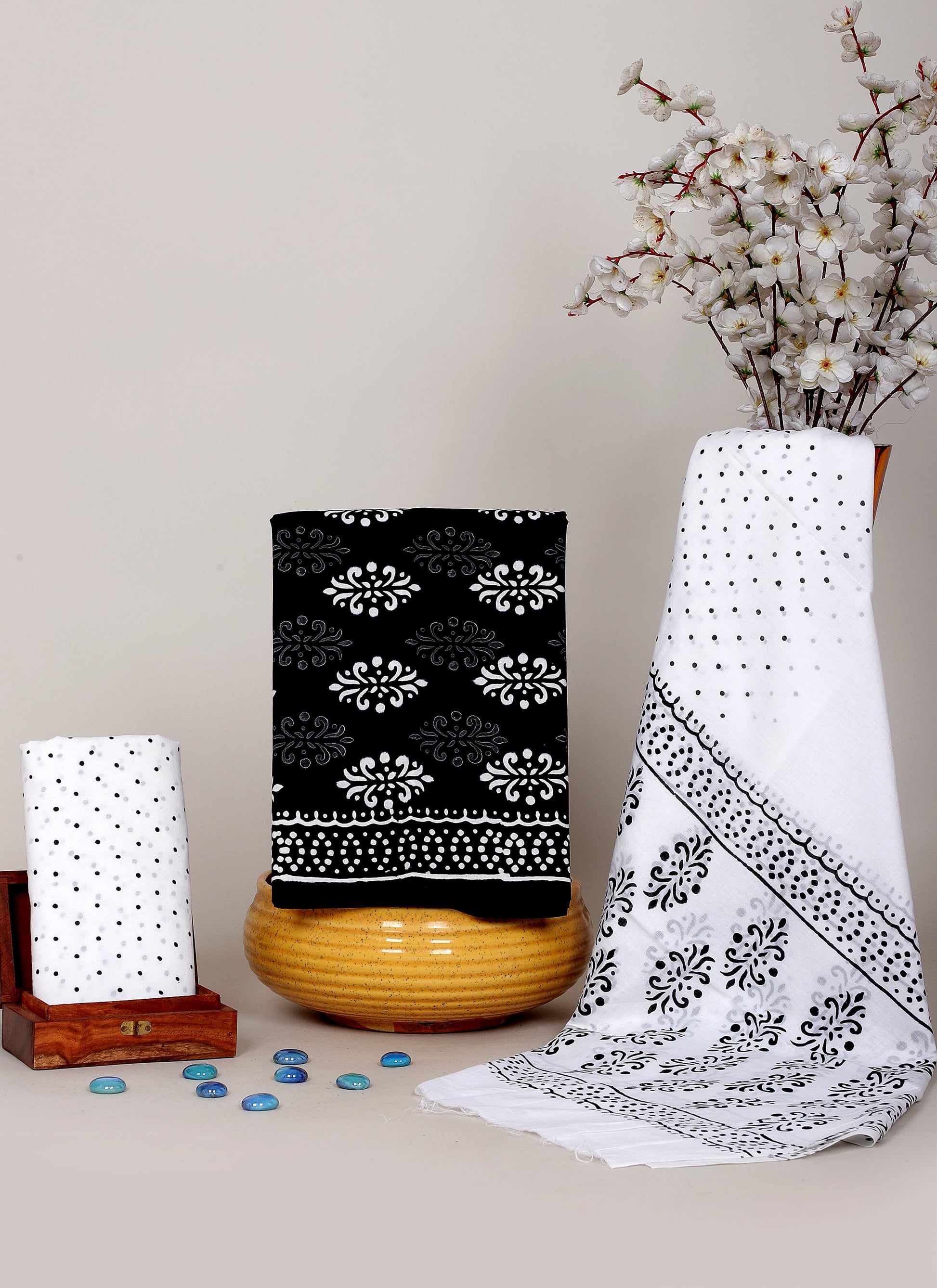 Black & White Hand Block Cotton Salwar Suit Set with Cotton Dupatta