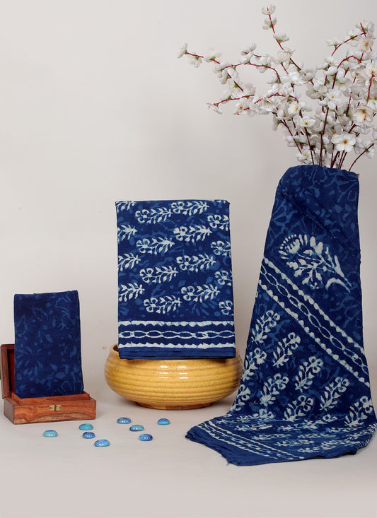 Indigo Dabu Hand Block Cotton Salwar Suit Set with Cotton Dupatta