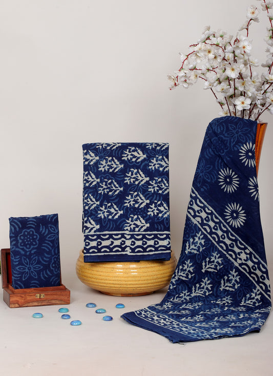 Indigo Dabu Hand Block Cotton Salwar Suit Set with Cotton Dupatta