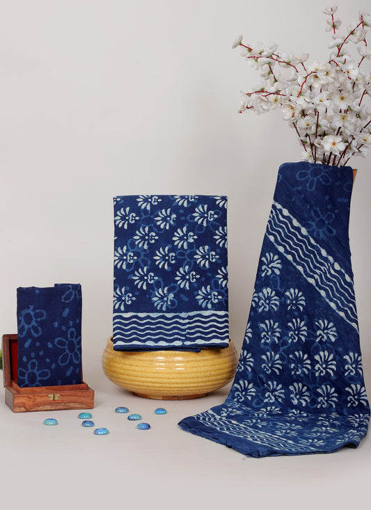 Indigo Dabu Hand Block Cotton Salwar Suit Set with Cotton Dupatta