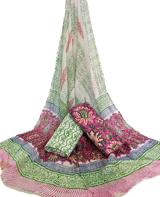 Bagru Hand Block Cotton Salwar Suit Set with Chiffon Dupatta  - TSPSCFGB23
