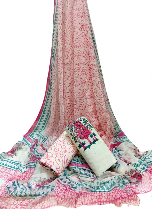 Bagru Hand Block Cotton Salwar Suit Set with Chiffon Dupatta  - TSPSCFGB32