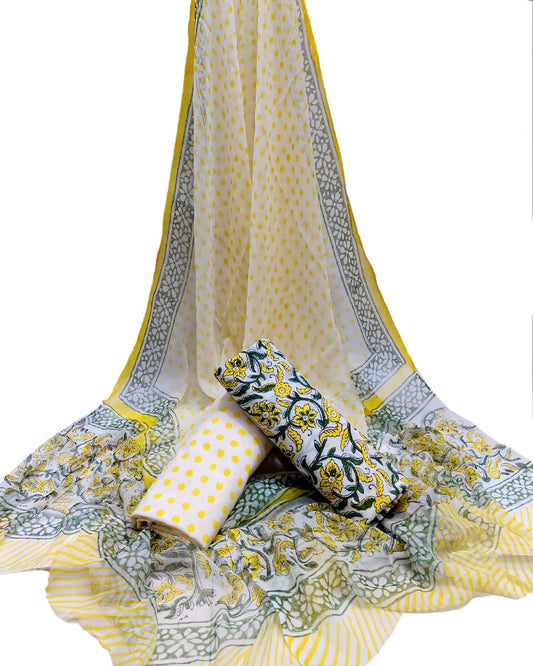Bagru Hand Block Cotton Salwar Suit Set with Chiffon Dupatta  - TSPSCFGB34
