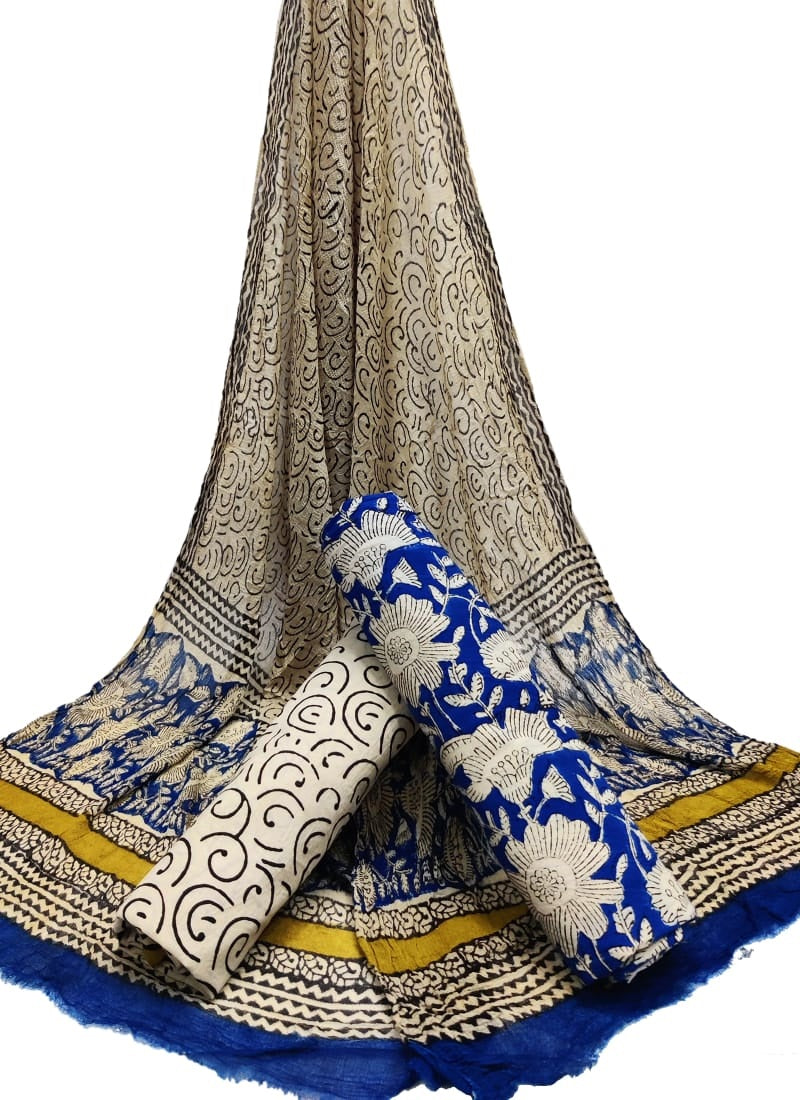 Bagru Hand Block Cotton Salwar Suit Set with Chiffon Dupatta  - TSPSCFGB35
