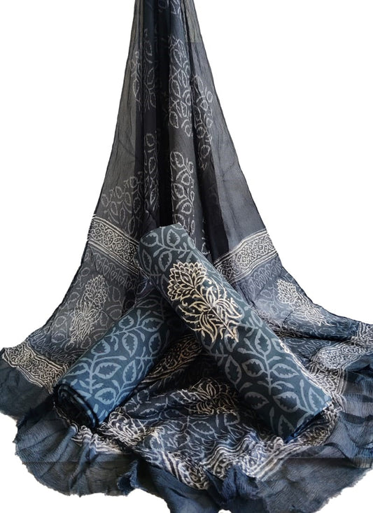 Bagru Hand Block Cotton Salwar Suit Set with Chiffon Dupatta  - TSPSCFGB40