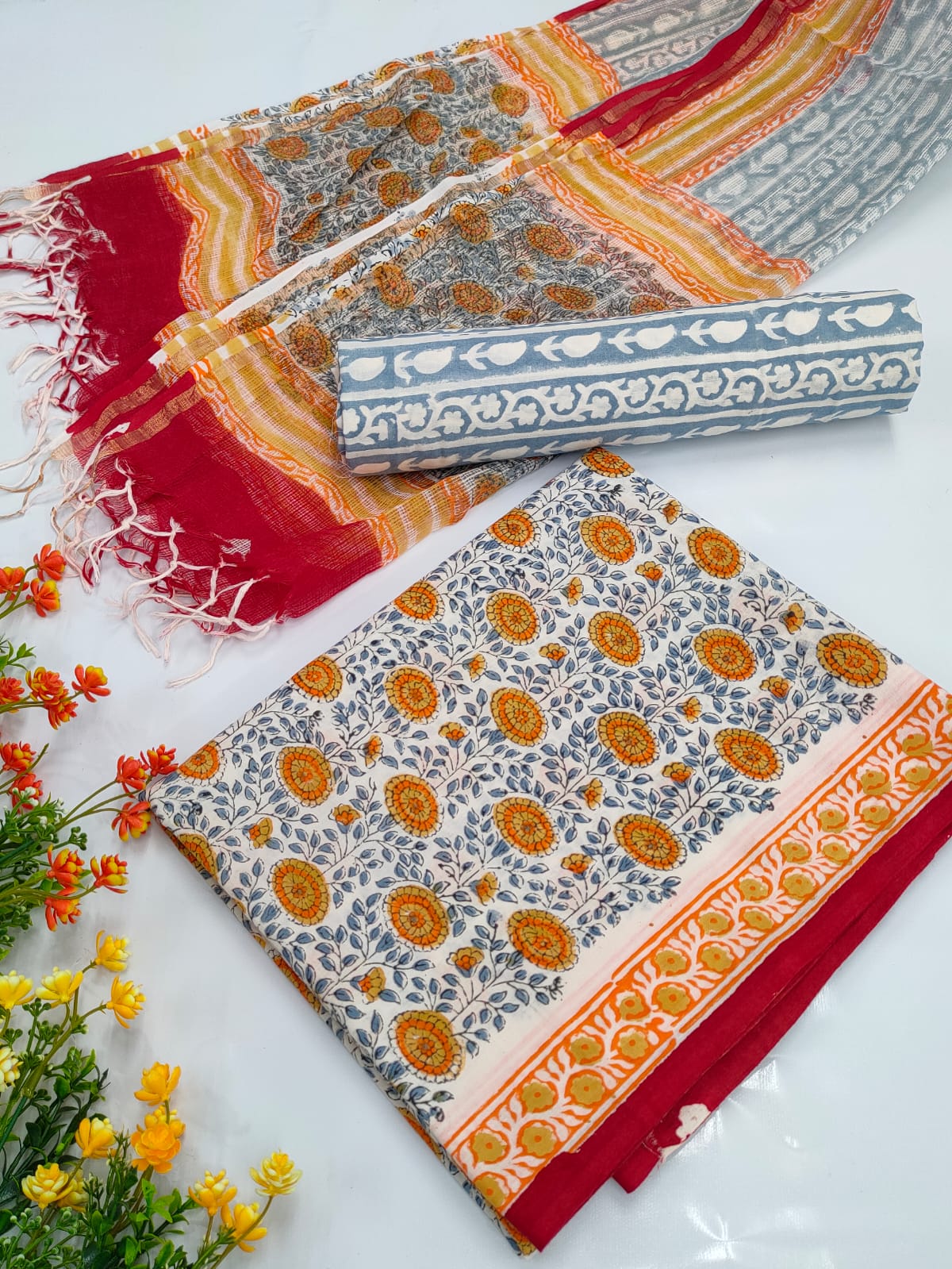 Hand Block Cotton Salwar Suit Set with Kota Doriya Dupatta  - TSPSKDVV10