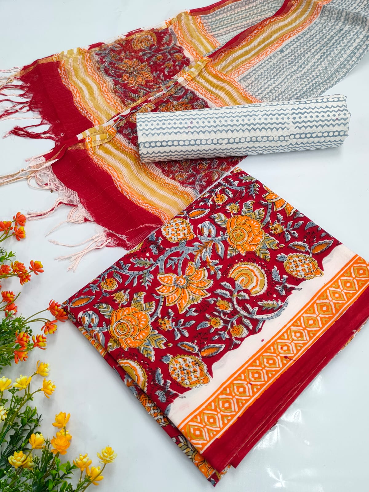 Hand Block Cotton Salwar Suit Set with Kota Doriya Dupatta  - TSPSKDVV15