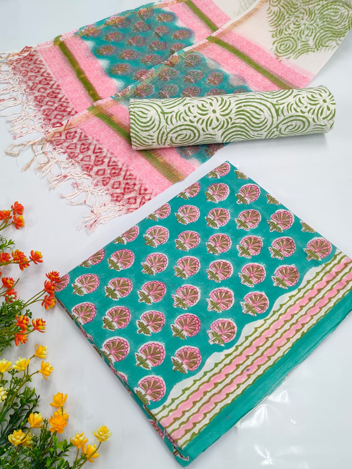 Hand Block Cotton Salwar Suit Set with Kota Doriya Dupatta  - TSPSKDVV19