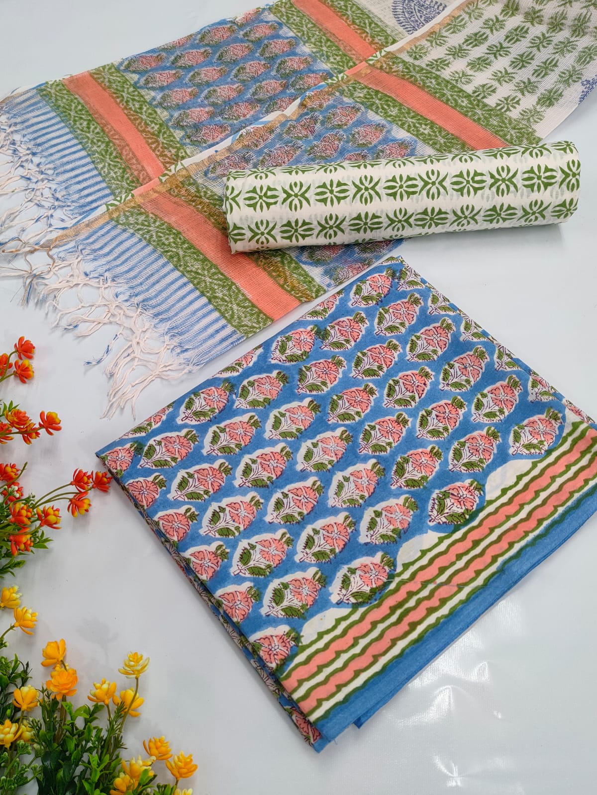 Hand Block Cotton Salwar Suit Set with Kota Doriya Dupatta  - TSPSKDVV28