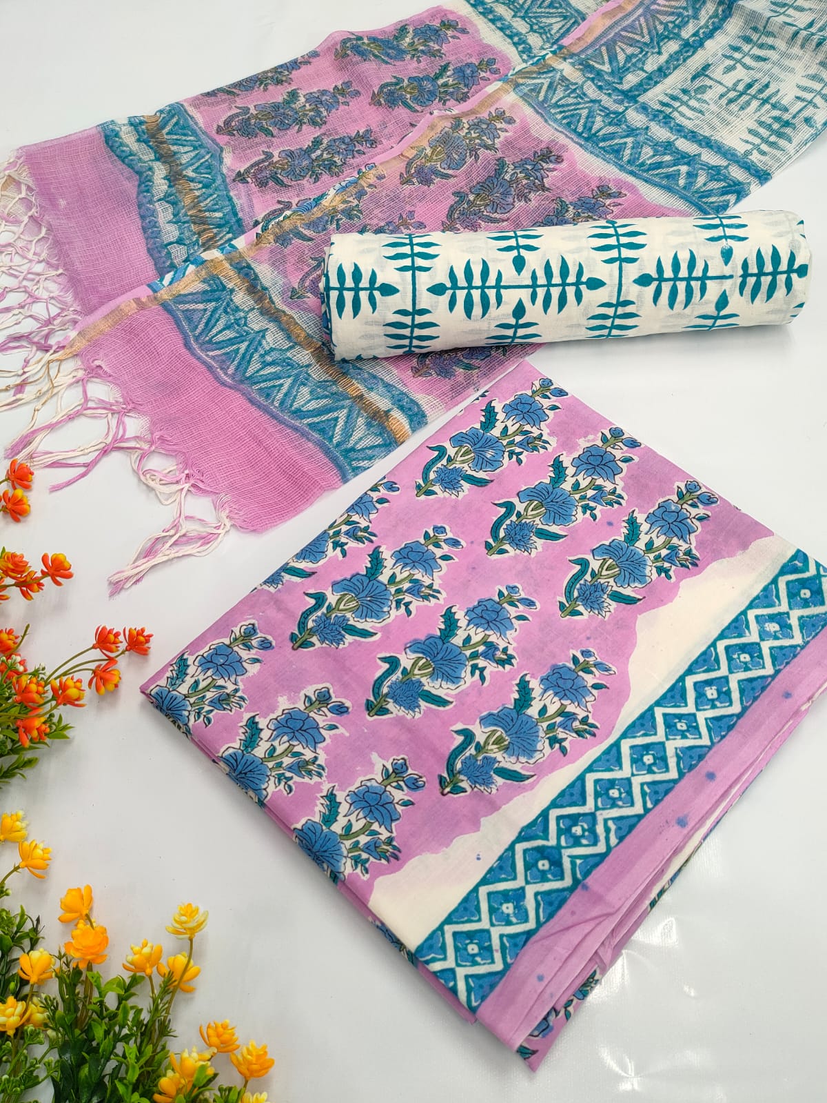 Hand Block Cotton Salwar Suit Set with Kota Doriya Dupatta  - TSPSKDVV38