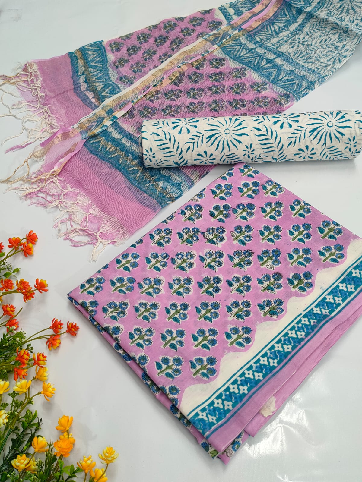 Hand Block Cotton Salwar Suit Set with Kota Doriya Dupatta  - TSPSKDVV7