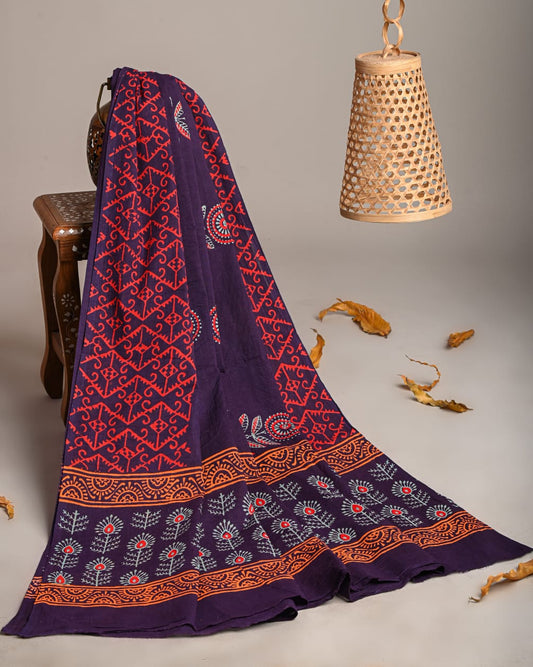Mul-Cotton Bagru Hand Block Printed Dupatta  - TSPDM7