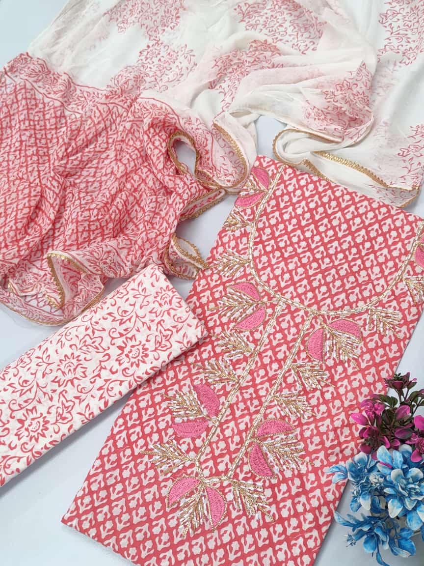 Cotton Gota Patti Neck Work Block Printed Suit Set with Chiffon Dupatta  - TSPSGPCHVJ10