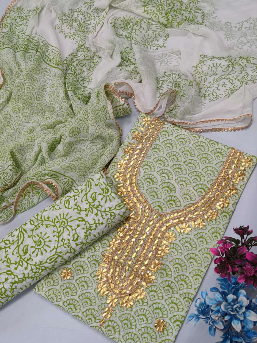 Cotton Gota Patti Neck Work Block Printed Suit Set with Chiffon Dupatta  - TSPSGPCHVJ21