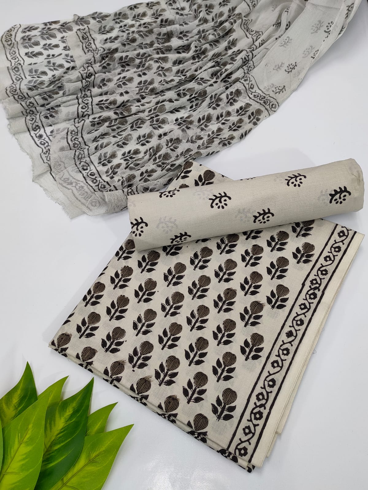 Hand Block Cotton Salwar Suit Set with Chiffon Dupatta  - TSPSCFVJ11