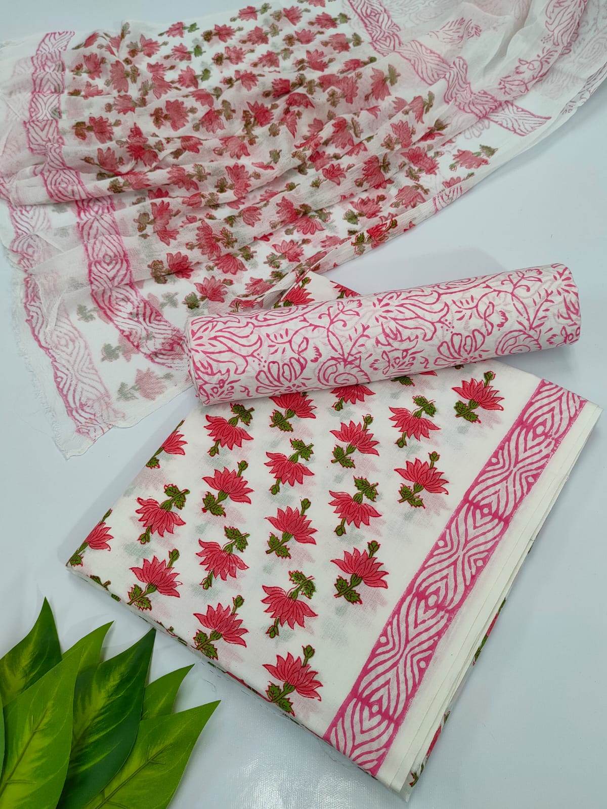 Hand Block Cotton Salwar Suit Set with Chiffon Dupatta  - TSPSCFVJ15