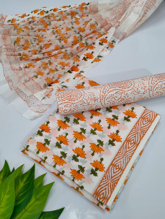 Hand Block Cotton Salwar Suit Set with Chiffon Dupatta  - TSPSCFVJ21