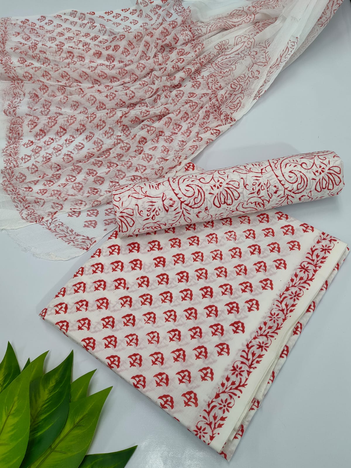 Hand Block Cotton Salwar Suit Set with Chiffon Dupatta  - TSPSCFVJ23