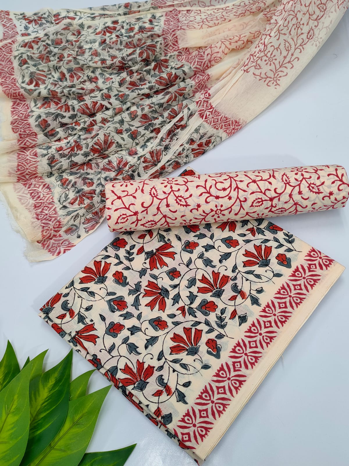 Hand Block Cotton Salwar Suit Set with Chiffon Dupatta  - TSPSCFVJ24