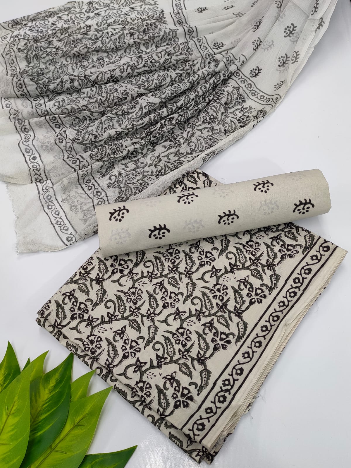 Hand Block Cotton Salwar Suit Set with Chiffon Dupatta  - TSPSCFVJ27