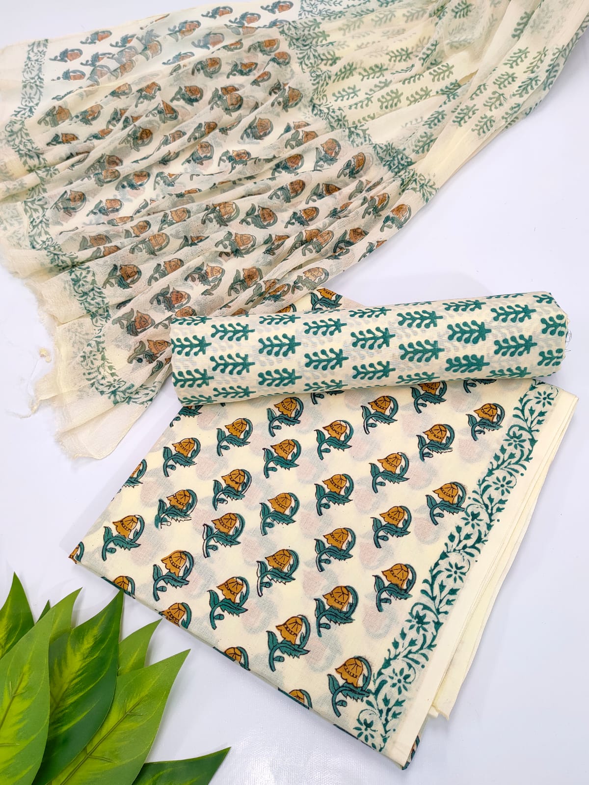 Hand Block Cotton Salwar Suit Set with Chiffon Dupatta  - TSPSCFVJ28