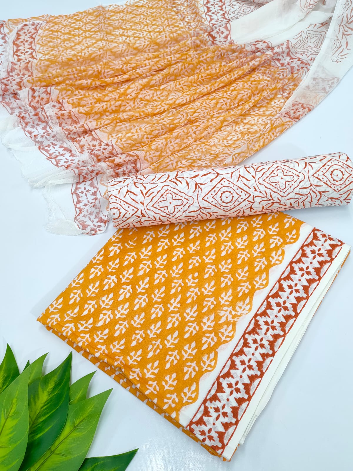 Hand Block Cotton Salwar Suit Set with Chiffon Dupatta  - TSPSCFVJ33