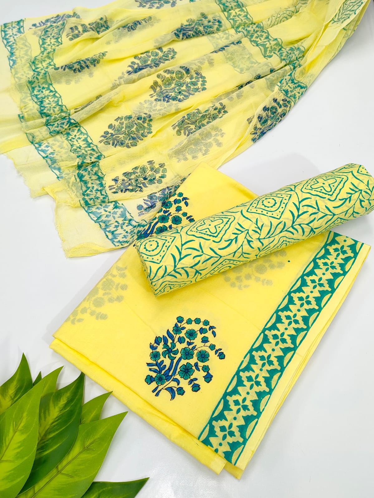 Hand Block Cotton Salwar Suit Set with Chiffon Dupatta  - TSPSCFVJ39
