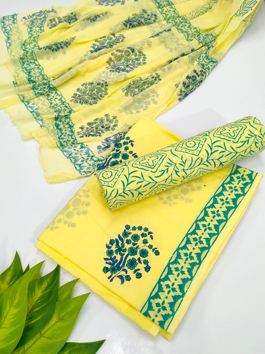 Hand Block Cotton Salwar Suit Set with Chiffon Dupatta  - TSPSCFVJ39