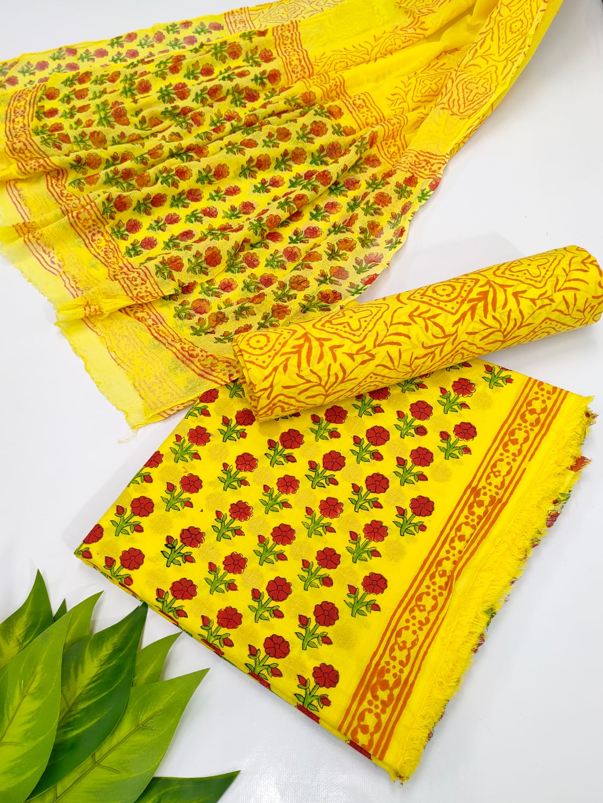 Hand Block Cotton Salwar Suit Set with Chiffon Dupatta  - TSPSCFVJ44