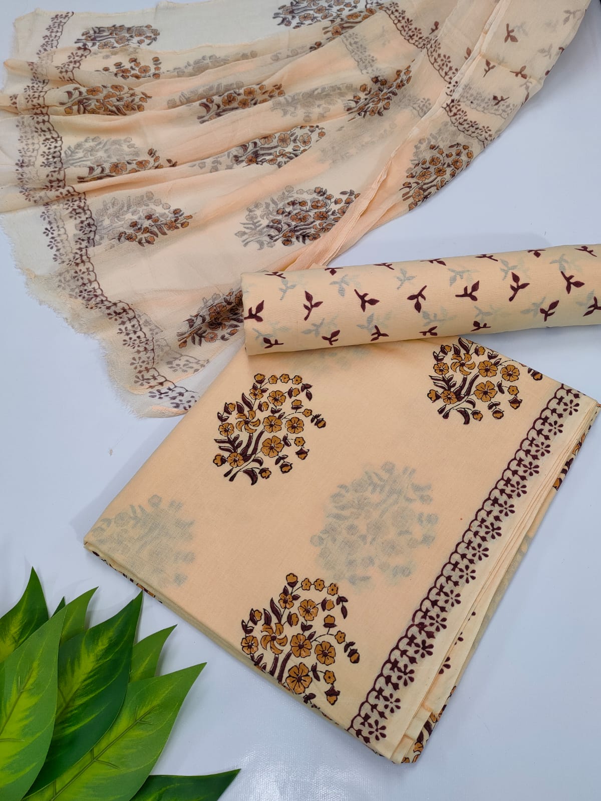 Hand Block Cotton Salwar Suit Set with Chiffon Dupatta  - TSPSCFVJ49