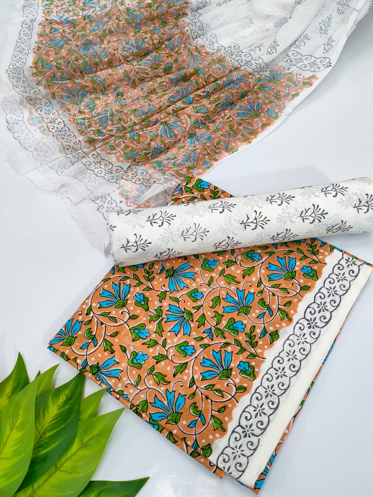 Hand Block Cotton Salwar Suit Set with Chiffon Dupatta  - TSPSCFVJ52