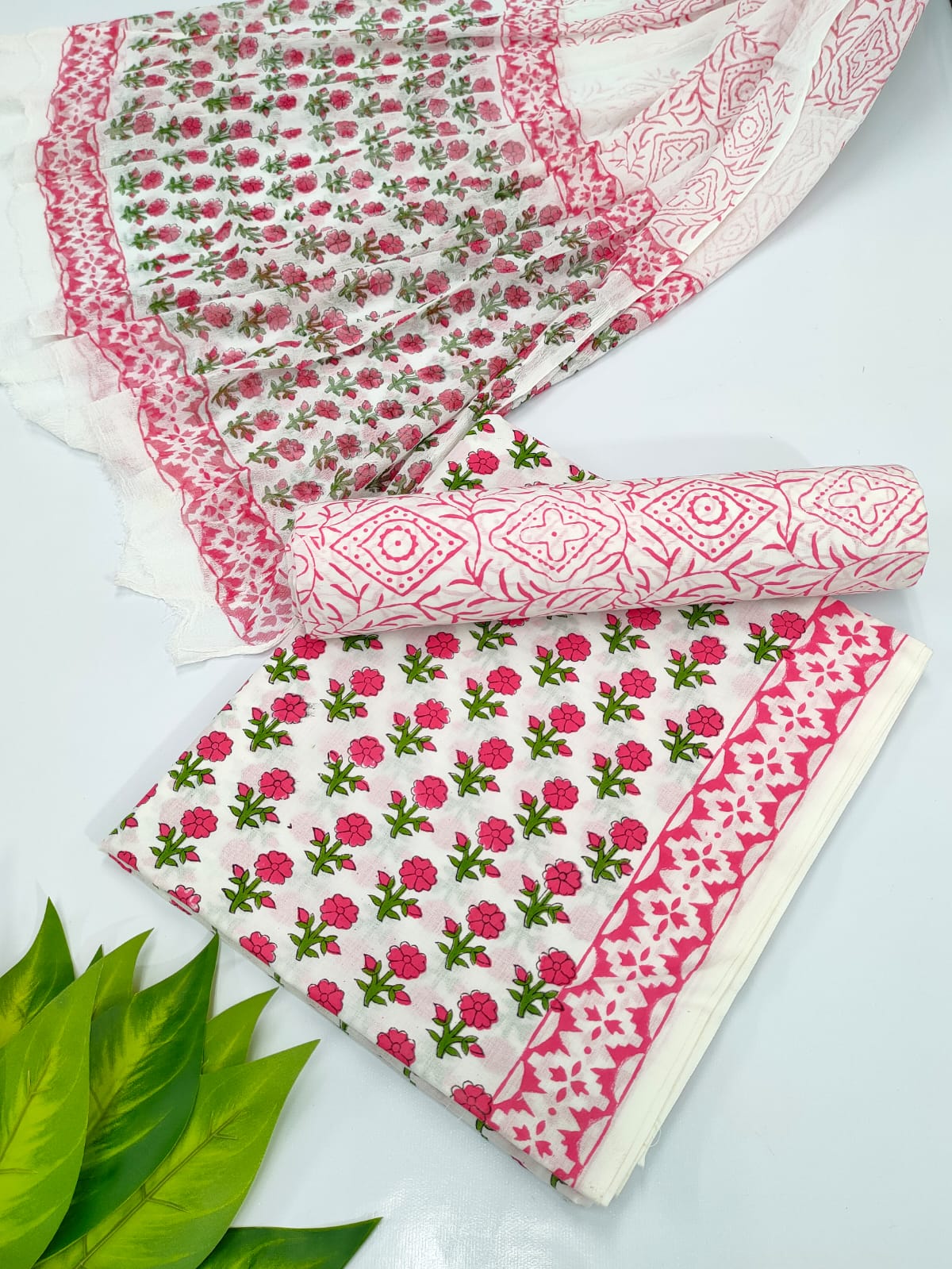 Hand Block Cotton Salwar Suit Set with Chiffon Dupatta  - TSPSCFVJ54