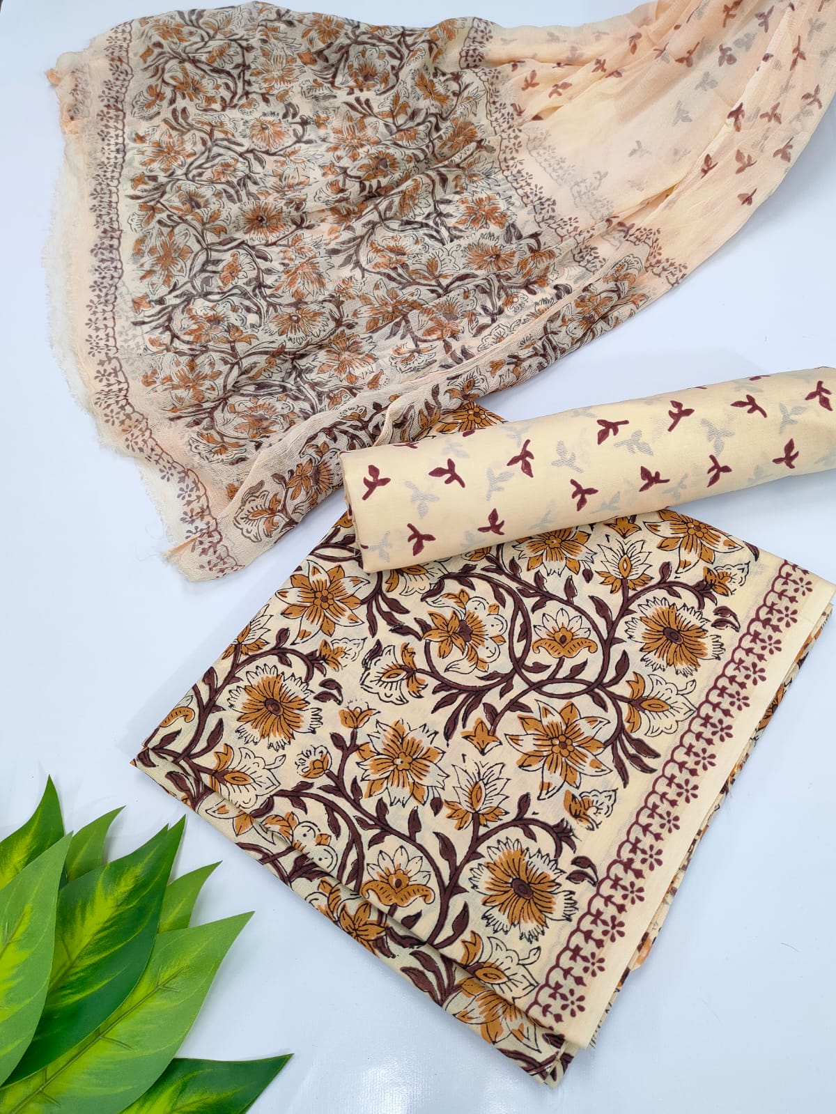 Hand Block Cotton Salwar Suit Set with Chiffon Dupatta  - TSPSCFVJ58