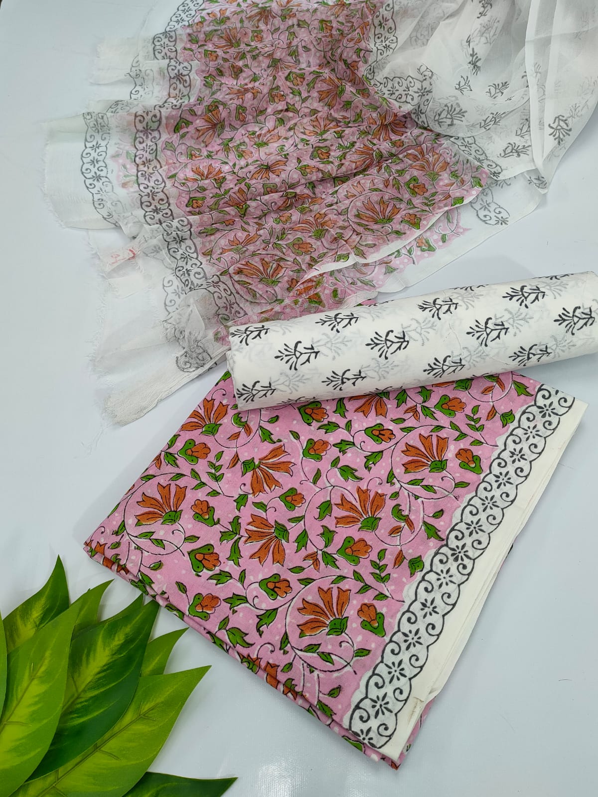 Hand Block Cotton Salwar Suit Set with Chiffon Dupatta  - TSPSCFVJ60