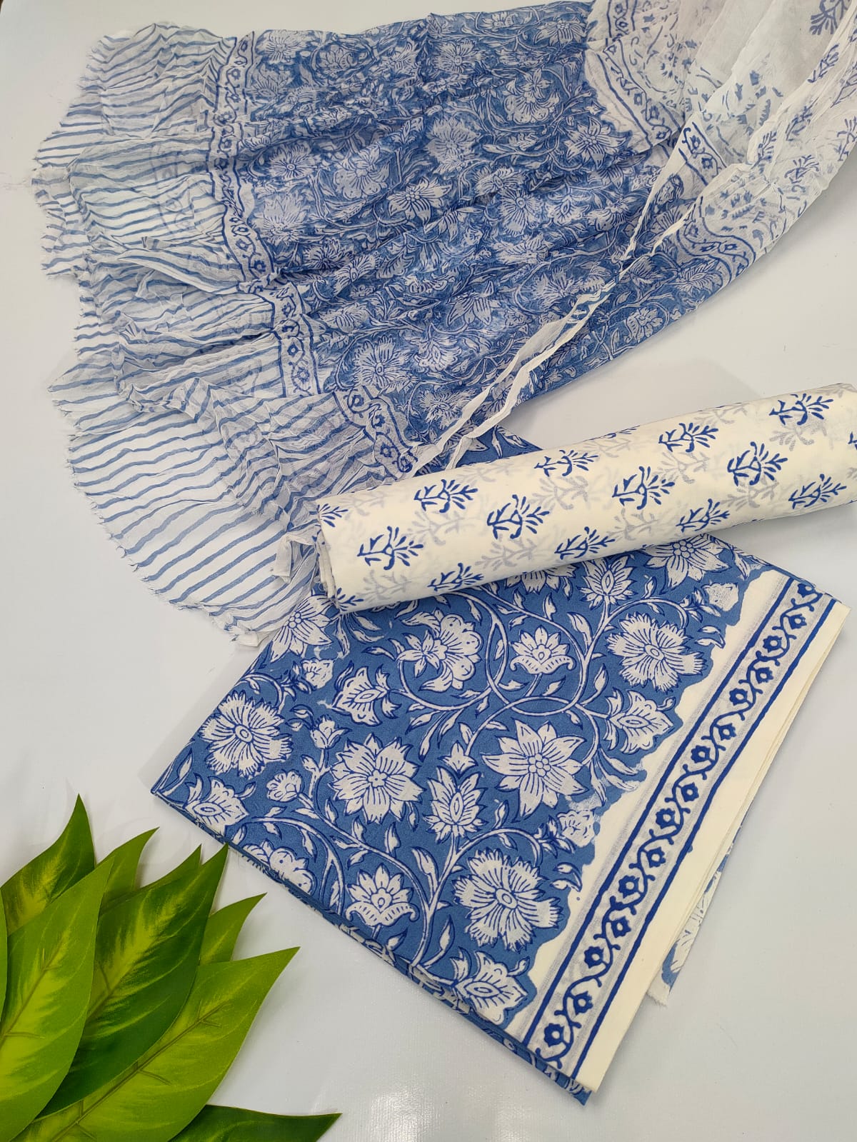 Hand Block Cotton Salwar Suit Set with Chiffon Dupatta  - TSPSCFVJ61