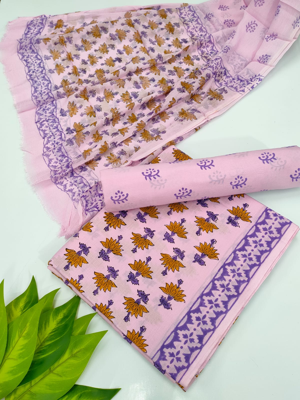 Hand Block Cotton Salwar Suit Set with Chiffon Dupatta  - TSPSCFVJ64