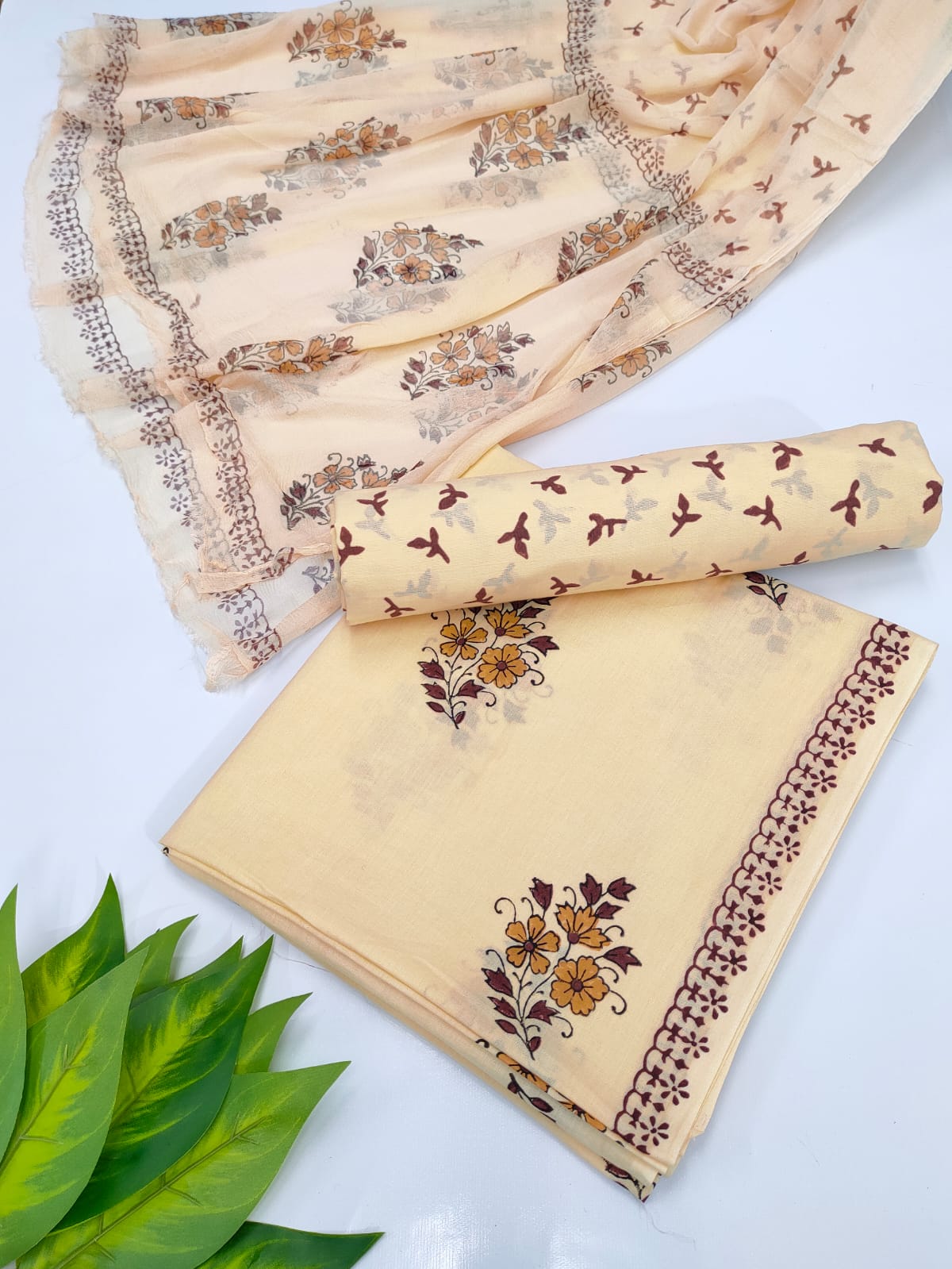 Hand Block Cotton Salwar Suit Set with Chiffon Dupatta  - TSPSCFVJ69