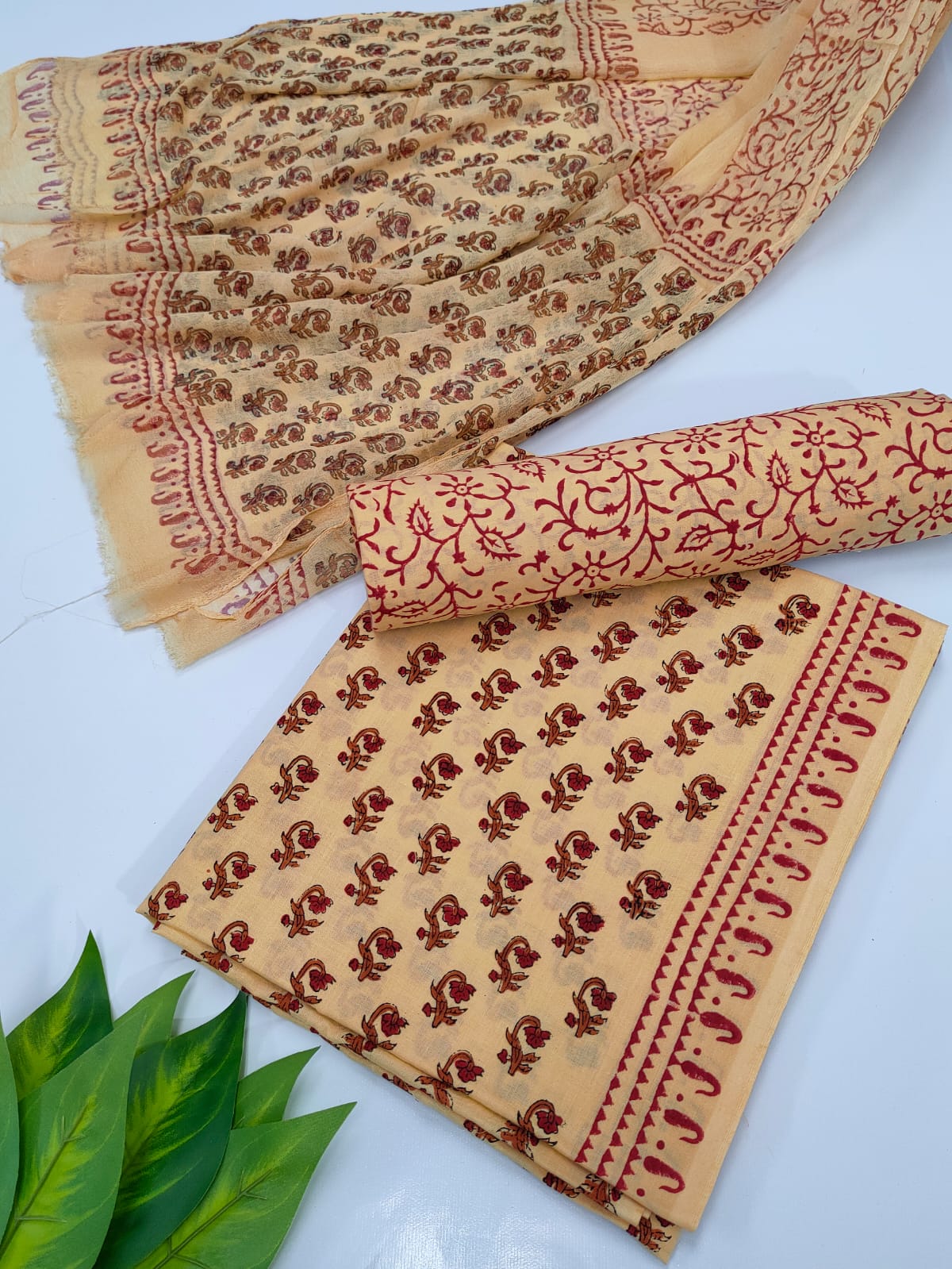 Hand Block Cotton Salwar Suit Set with Chiffon Dupatta  - TSPSCFVJ6