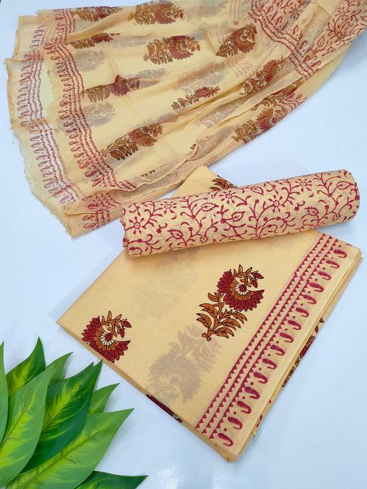 Hand Block Cotton Salwar Suit Set with Chiffon Dupatta  - TSPSCFVJ75