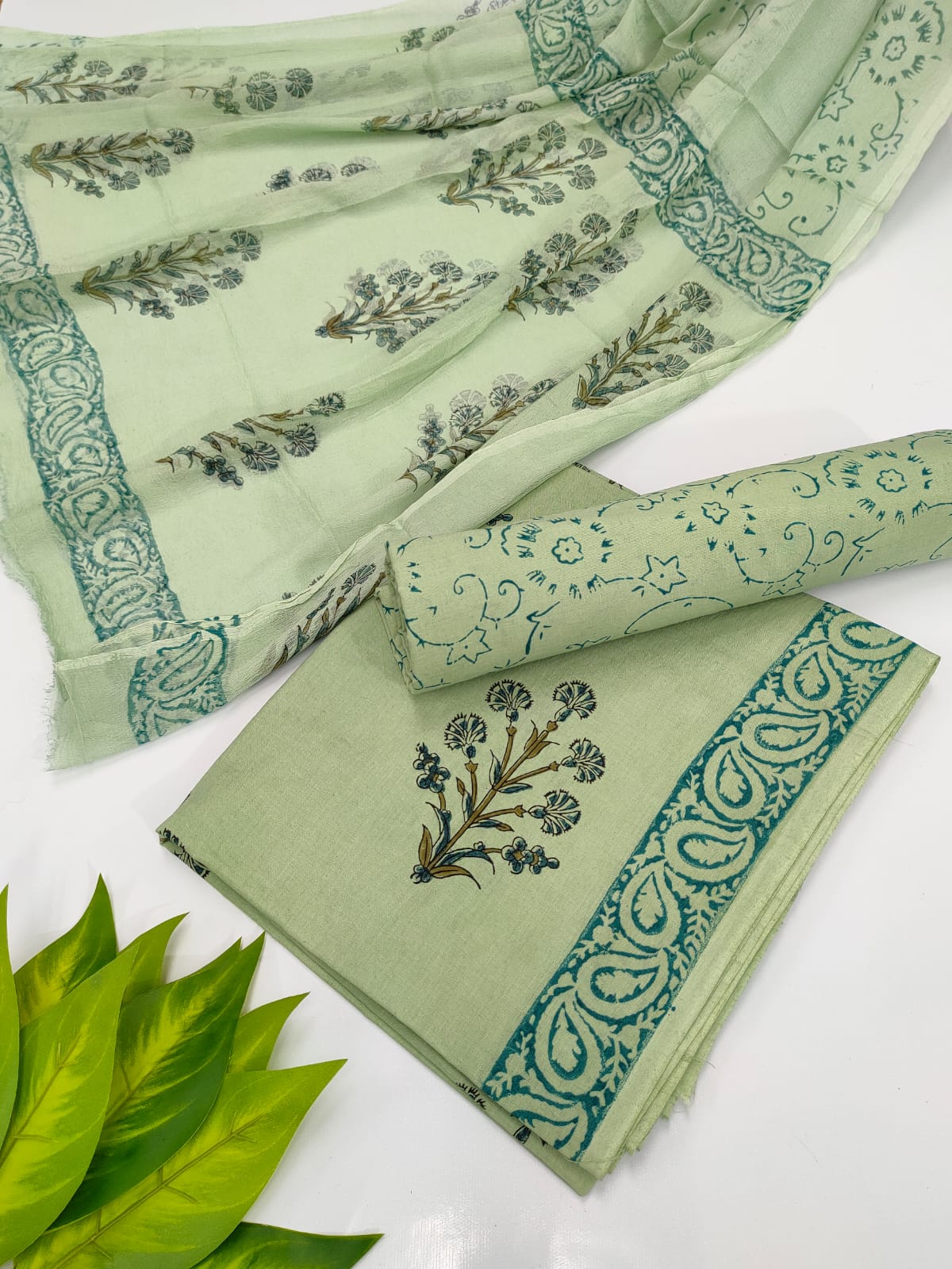 Hand Block Cotton Salwar Suit Set with Chiffon Dupatta  - TSPSCFVJ77