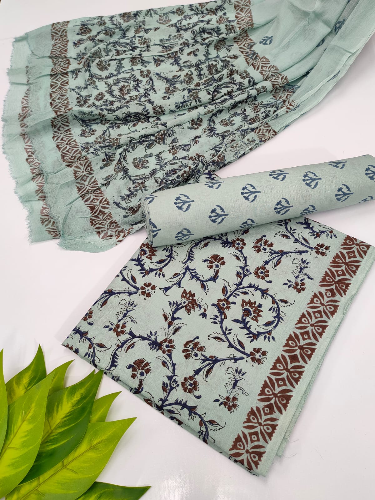 Hand Block Cotton Salwar Suit Set with Chiffon Dupatta  - TSPSCFVJ78