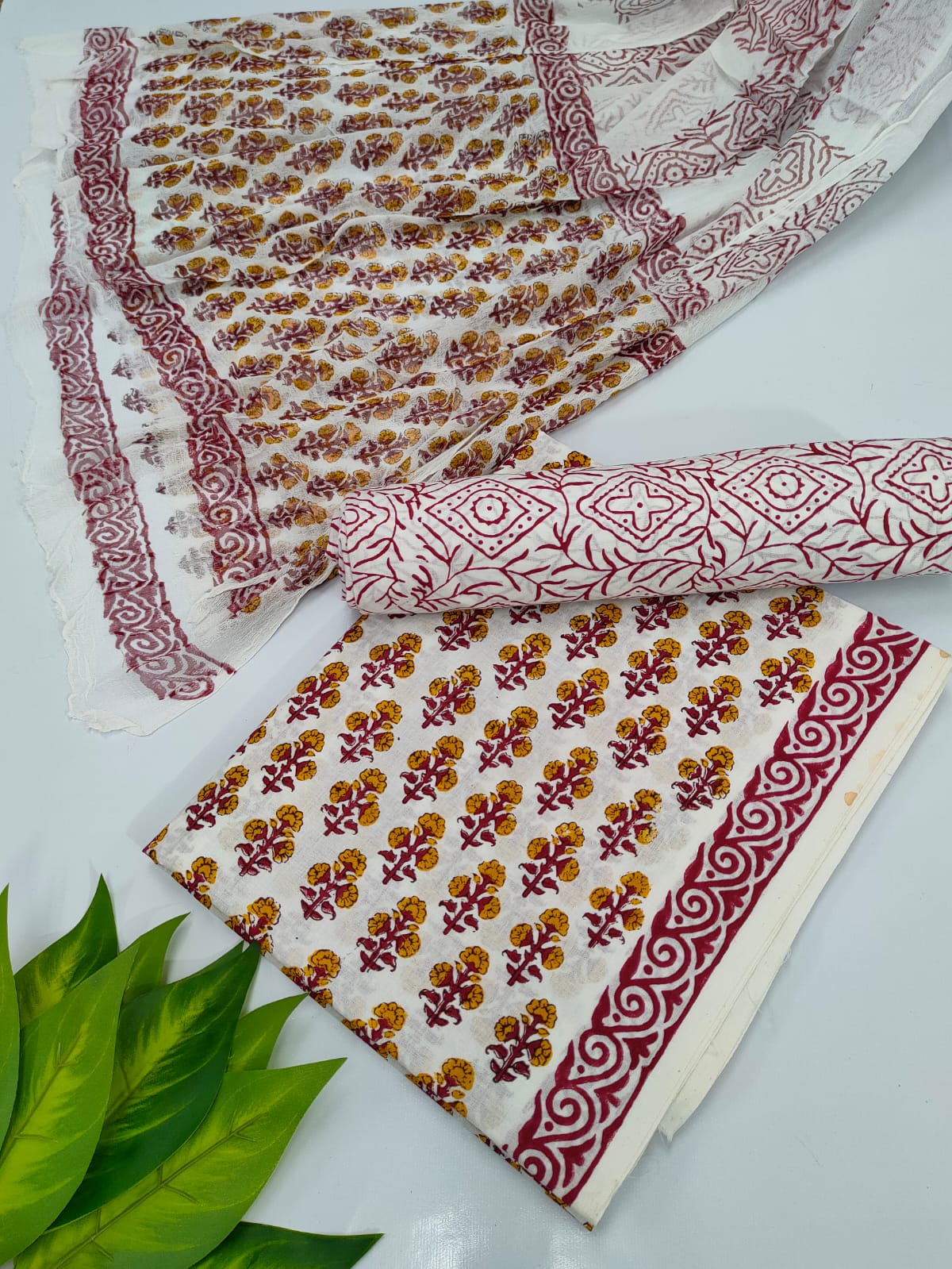 Hand Block Cotton Salwar Suit Set with Chiffon Dupatta  - TSPSCFVJ79